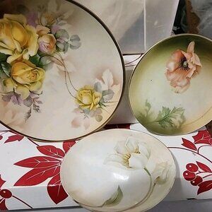 Antique Prussia China German Plate Yellow Roses Set Of 3 Plates